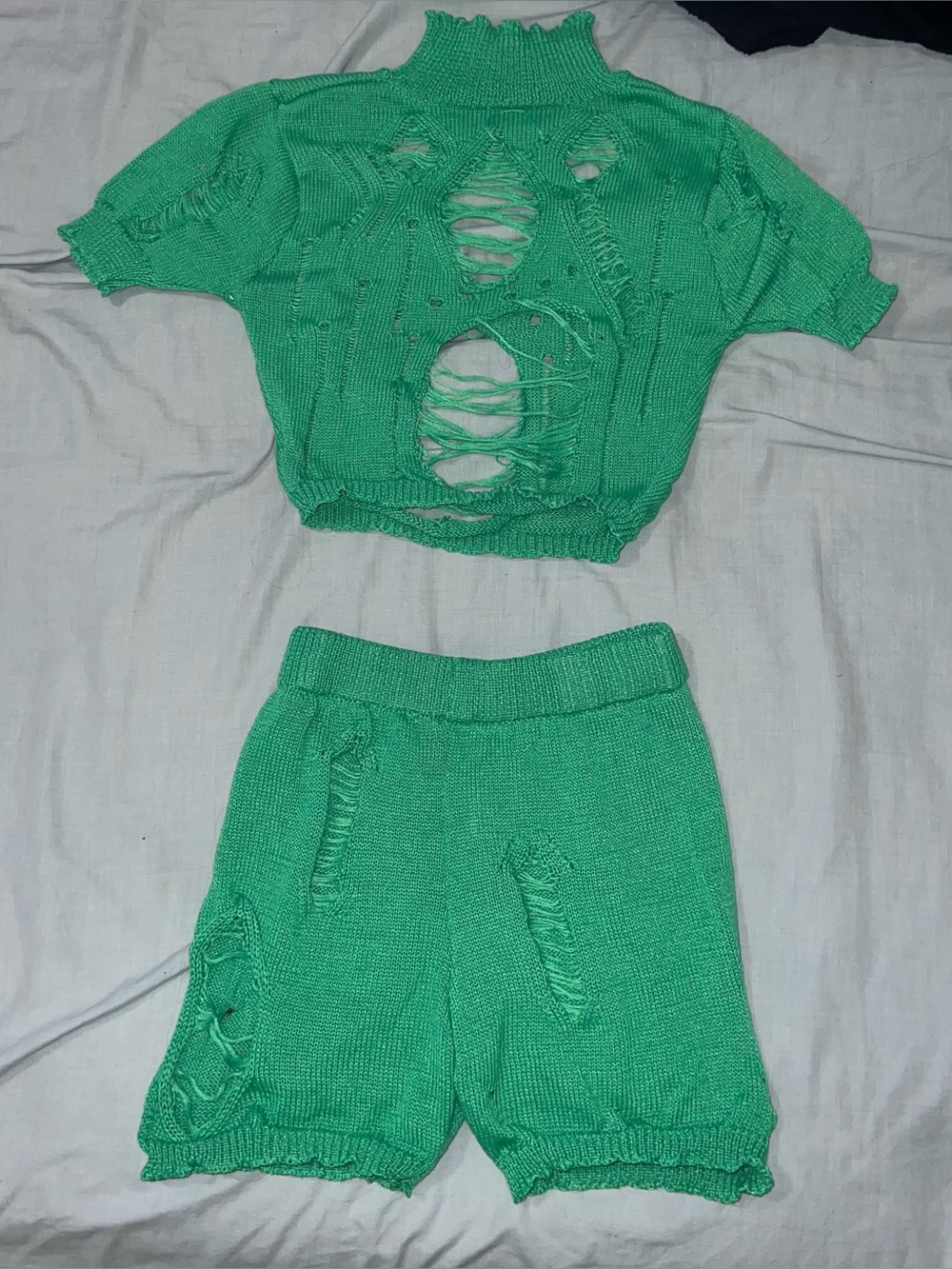 Women's Distressed Knit Short Set - Green
